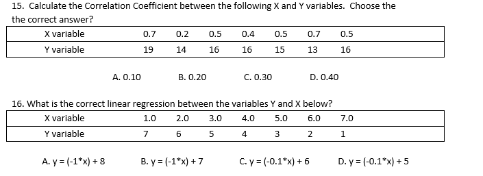 15 Calculate The Correlation Coefficient Between The Following X And Y Variables Choose The The Correct Answer X Vari 1