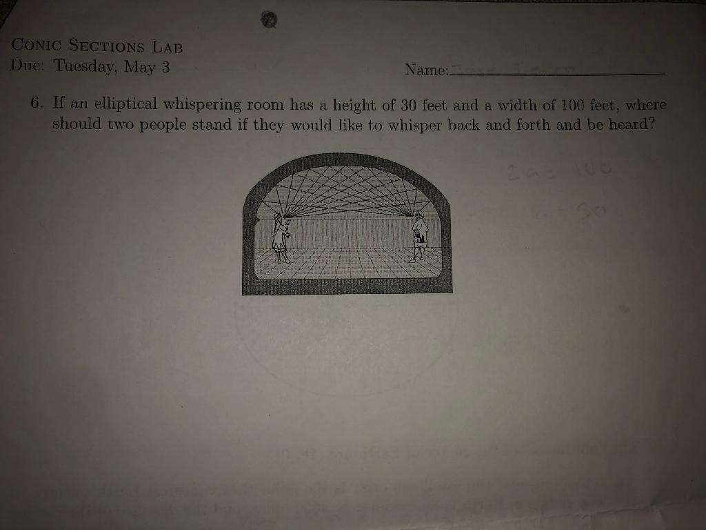 Conic Sections Lab Due Tuesday May 3 Name 6 If An Elliptical Whispering Room Has A Height Of 30 Feet And A Width Of 1