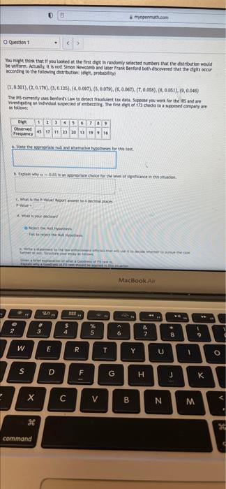 Myopenmath Com O Question 1 You Might Think That If You Looked At The First Digit In Randomly Selected Numbers That The 1