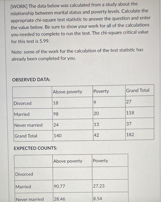 Work The Data Below Was Calculated From A Study About The Relationship Between Marital Status And Poverty Levels Calc 2