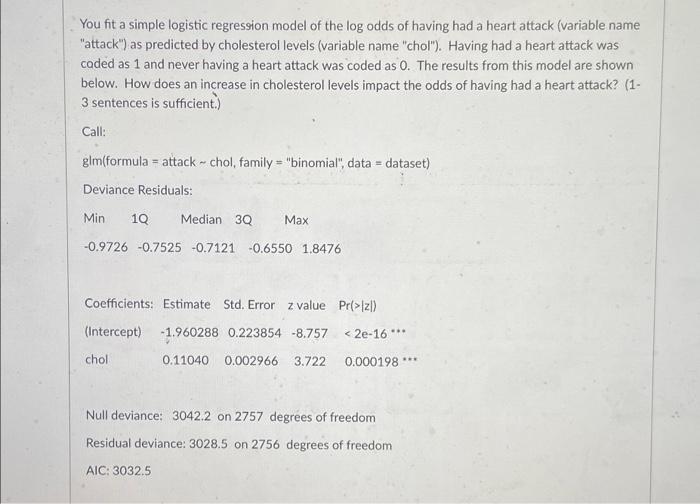 You Fit A Simple Logistic Regression Model Of The Log Odds Of Having Had A Heart Attack Variable Name Attack As Pred 1