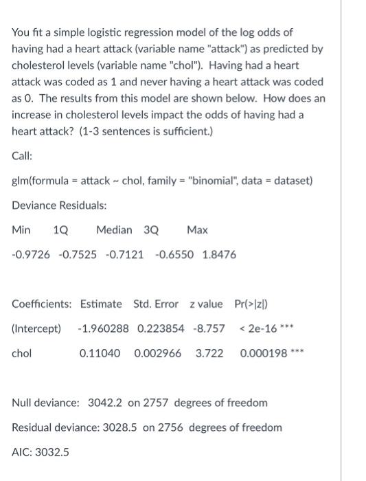 You Fit A Simple Logistic Regression Model Of The Log Odds Of Having Had A Heart Attack Variable Name Attack As Pred 2