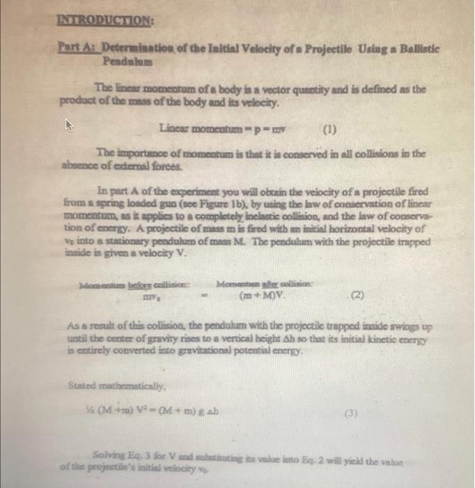 Introduction Part A Determination Of The Initial Velocity Of A Projectile Using A Ballistic Pendulum The Linear Moment 1