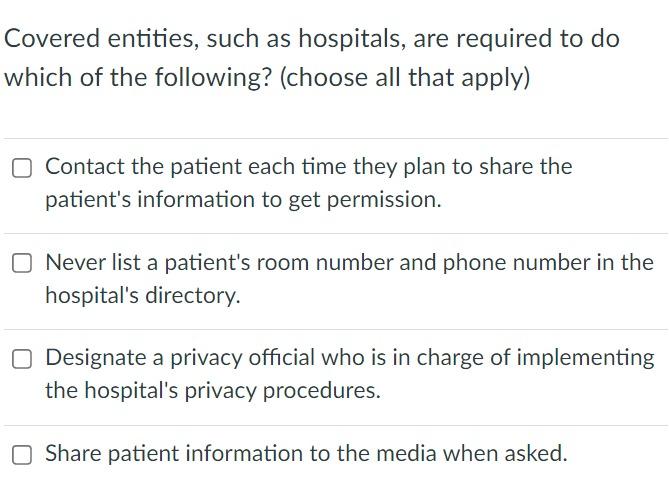 Covered Entities Such As Hospitals Are Required To Do Which Of The Following Choose All That Apply Contact The Pati 1