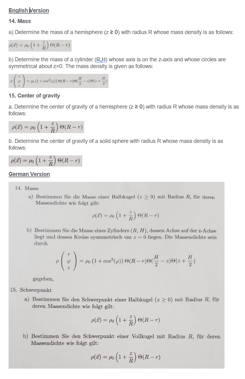English Version 14 Mass A Determine The Mass Of A Hemisphere Z 0 With Radius R Whose Mass Density Is As Follows P 1