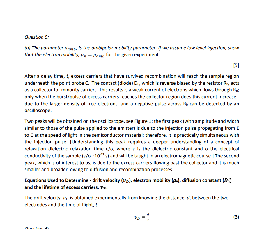 Question 5 A The Parameter Hamb Is The Ambipolar Mobility Parameter If We Assume Low Level Injection Show That The 1