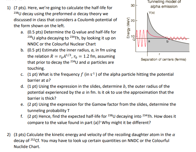 Tunneling Model Of Alpha Emission V A 1 7 Pts Here We Re Going To Calculate The Half Life For 238 U Decay Using Th 1