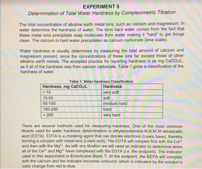 Experiment 5 Determination Of Total Water Hardness By Compleximetric Titration The Total Concentration Of Alkaline Earth 1