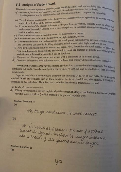 8 6 Analysis Of Student Work This Section Contains A Problem Situation Posed To Middle School Students Involving Their U 2