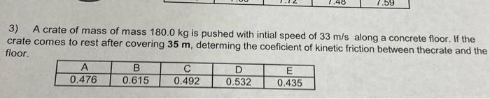 7 59 3 A Crate Of Mass Of Mass 180 0 Kg Is Pushed With Intial Speed Of 33 M S Along A Concrete Floor If The Crate Come 1