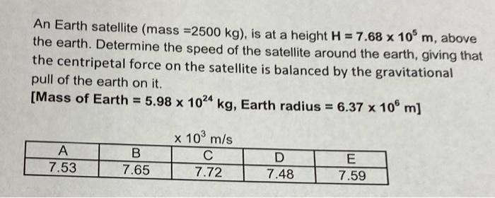 An Earth Satellite Mass 2500 Kg Is At A Height H 7 68 X 105 M Above The Earth Determine The Speed Of The Satelli 1