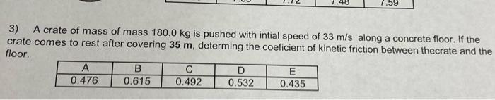 7 59 3 A Crate Of Mass Of Mass 180 0 Kg Is Pushed With Intial Speed Of 33 M S Along A Concrete Floor If The Crate Come 1