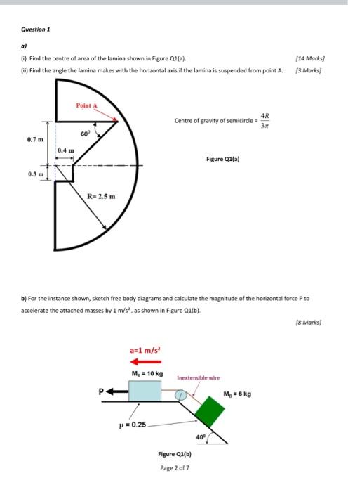 Question 1 A I Find The Centre Of Area Of The Lamina Shown In Figure Q1 A Ii Find The Angle The Lamina Makes With 1