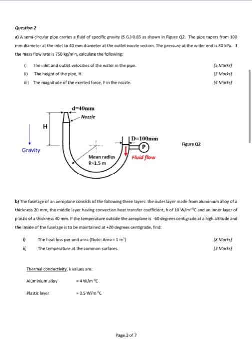 Question 2 A A Semi Circular Pipe Carries A Fluid Of Specific Gravity S G 0 65 As Shown In Figure Q2 The Pipe Taper 1
