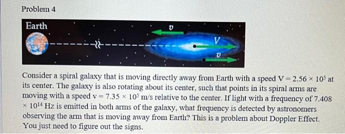 Problem 4 Earth V Consider A Spiral Galaxy That Is Moving Directly Away From Earth With A Speed V 2 56 10 At Its Cent 1
