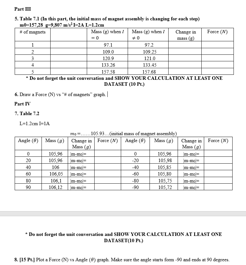 Part Iii 5 Table 7 1 In This Part The Initial Mass Of Magnet Assembly Is Changing For Each Step M0 157 28 G 9 807 M 1