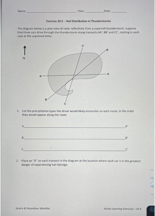 Name Class Date Exercise 20 2 Hail Distribution In Thunderstorms The Diagram Below Is A Plan View Of Radar Reflectivi 1