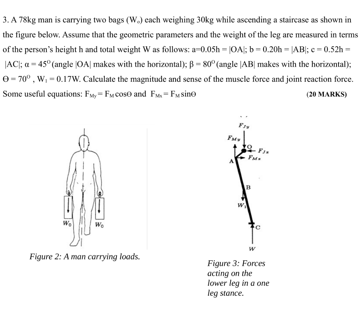 3 A 78kg Man Is Carrying Two Bags W Each Weighing 30kg While Ascending A Staircase As Shown In The Figure Below Ass 1