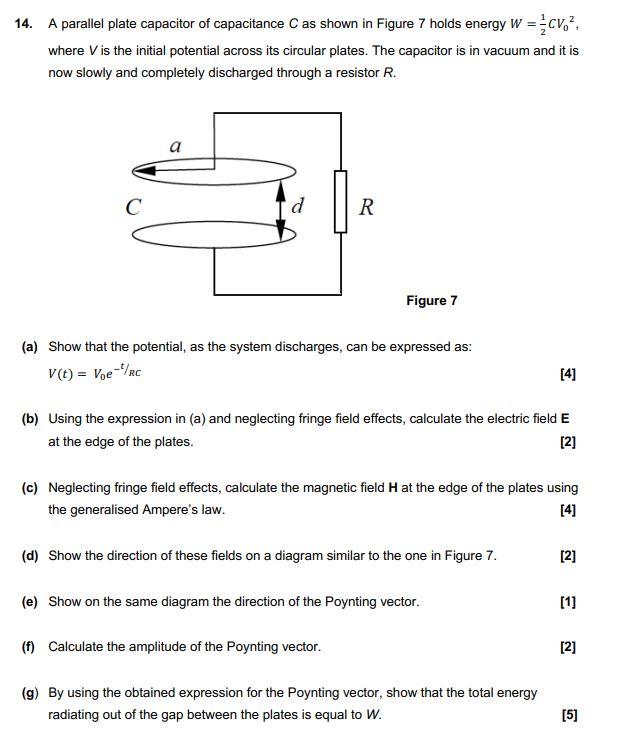 14 A Parallel Plate Capacitor Of Capacitance C As Shown In Figure 7 Holds Energy W Cv Where V Is The Initial Potent 1