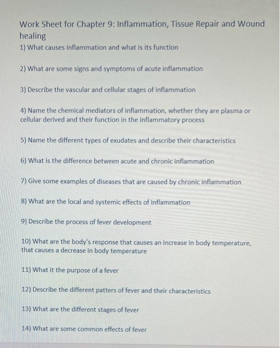 Work Sheet For Chapter 9 Inflammation Tissue Repair And Wound Healing 1 What Causes Inflammation And What Is Its Func 1