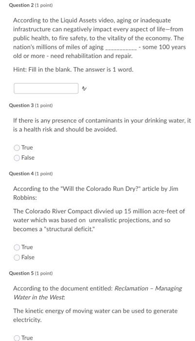 Question 2 1 Point According To The Liquid Assets Video Aging Or Inadequate Infrastructure Can Negatively Impact Ever 1