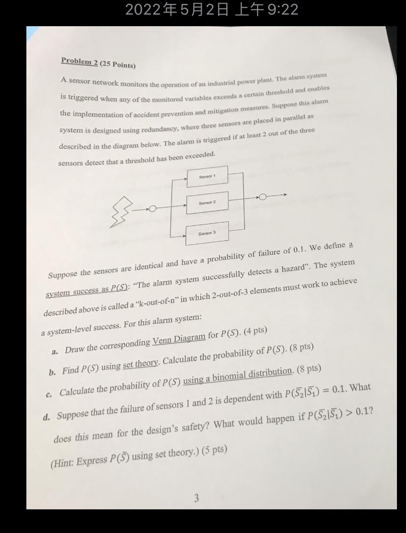202252 9 22 Problem 2 25 Points A Sensor Network Monitors The Operation Of An Industrial Power Plant The Alarm System 1