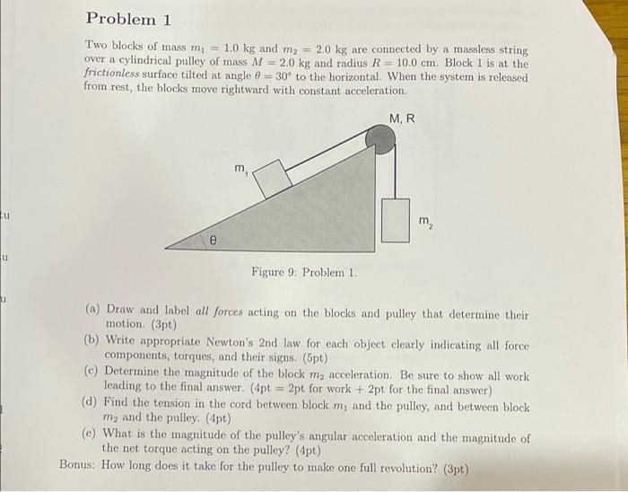 U U Problem 1 Two Blocks Of Mass M 1 0 Kg And M 2 0 Kg Are Connected By A Massless String Over A Cylindrical Pulle 1