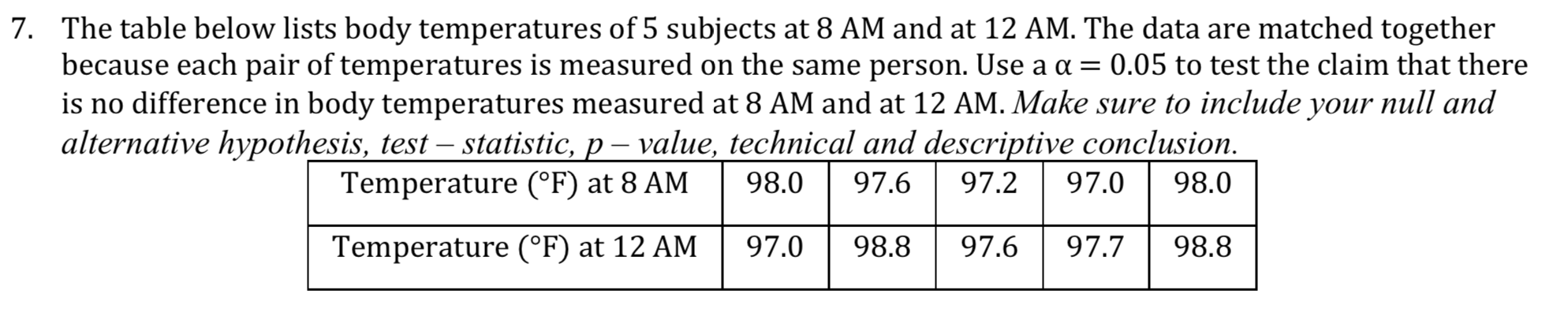 7 The Table Below Lists Body Temperatures Of 5 Subjects At 8 Am And At 12 Am The Data Are Matched Together Because Eac 1