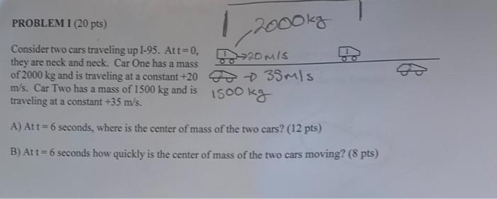 Problem I 20 Pts 1 2000kg Consider Two Cars Traveling Up I 95 Att 0 They Are Neck And Neck Car One Has A Mass Of 2 1