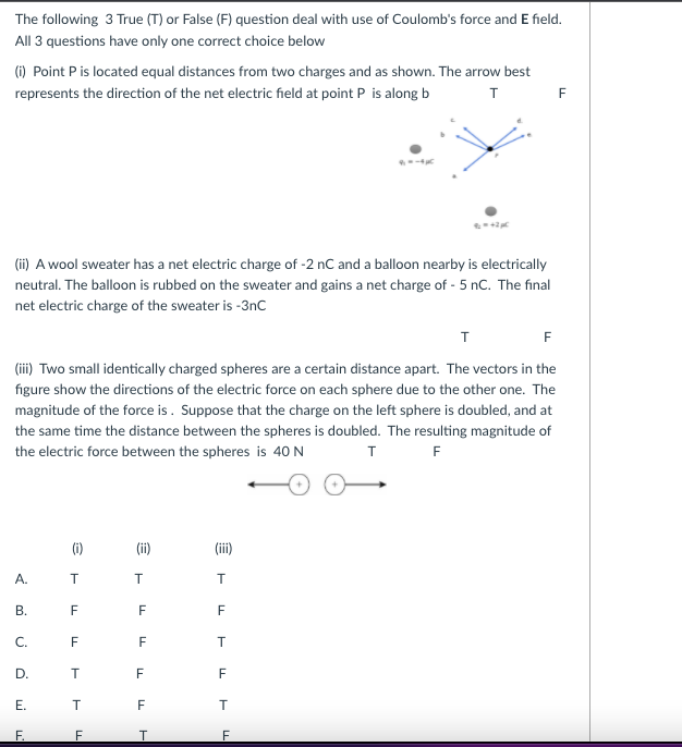 The Following 3 True T Or False F Question Deal With Use Of Coulomb S Force And E Field All 3 Questions Have Only O 1