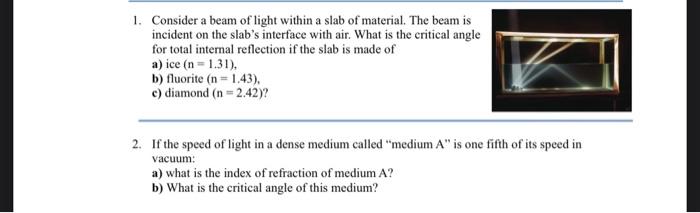 1 Consider A Beam Of Light Within A Slab Of Material The Beam Is Incident On The Slab S Interface With Air What Is Th 1