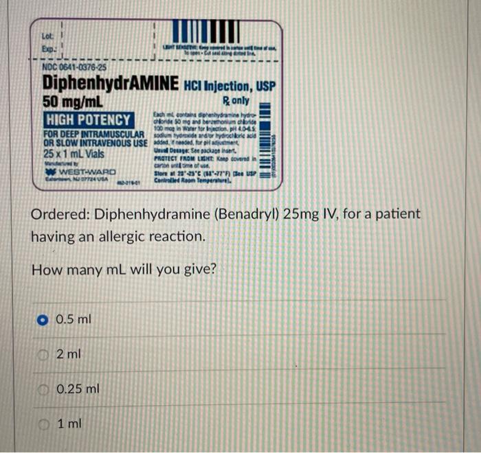 Tutti Lol Exp Noc 0641 0376 25 Diphenhydramine Hci Injection Usp 50 Mg Ml Ronly High Potency Each Penyarinyo Donde 50 1