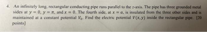 4 An Infinitely Long Rectangular Conducting Pipe Runs Parallel To The Z Axis The Pipe Has Three Grounded Metal Sides 1