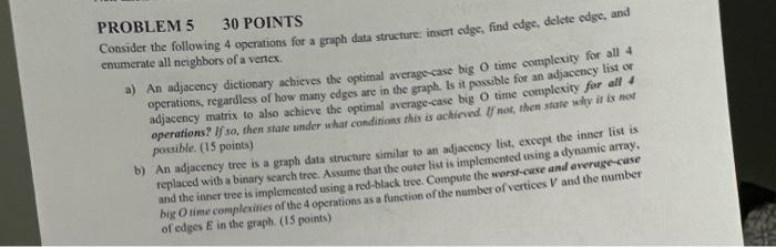 Problem 5 30 Points Consider The Following 4 Operations For A Graph Data Structure Insert Edge Find Edge Delete Edge 1