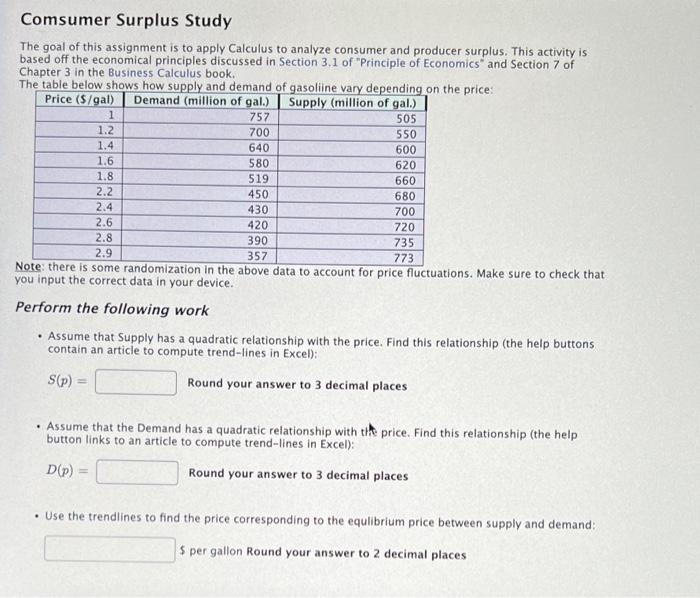 Comsumer Surplus Study The Goal Of This Assignment Is To Apply Calculus To Analyze Consumer And Producer Surplus This A 1