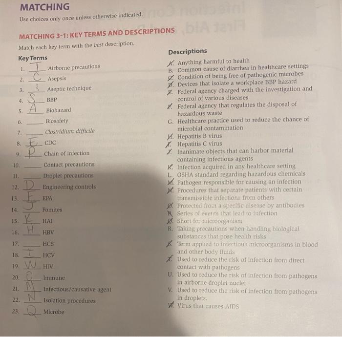 Matching Use Choices Only Once Unless Otherwise Indicated 4 S Bbp Matching 3 1 Key Terms And Descriptions Match Each 1