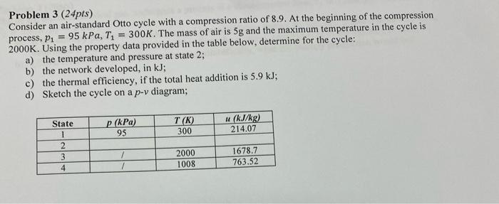 Problem 3 24pts Consider An Air Standard Otto Cycle With A Compression Ratio Of 8 9 At The Beginning Of The Compressi 1