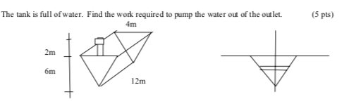 The Tank Is Full Of Water Find The Work Required To Pump The Water Out Of The Outlet 4m 2m 6m 12m 5 Pts 1