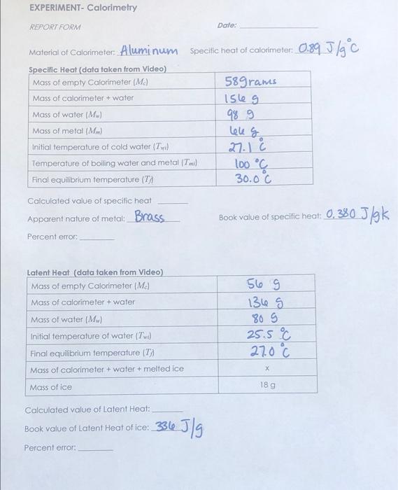 Experiment Calorimetry Report Form Date Material Of Calorimeter Aluminum Specific Heat Of Calorimeter Specific Heat 1
