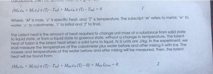 Experiment Calorimetry Report Form Date Material Of Calorimeter Aluminum Specific Heat Of Calorimeter Specific Heat 3