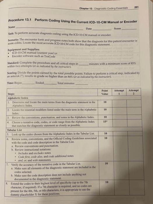 281 Chapter 13 Diagnostic Coding Essentials Procedure 13 1 Perform Coding Using The Current Icd 10 Cm Manual Or Encoder 1