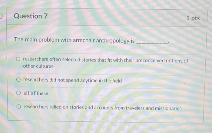 Question 2 1 Pts When Anthropologists Use The Term Emic They Are Referring To O The Belief That Culture Is Always A 4