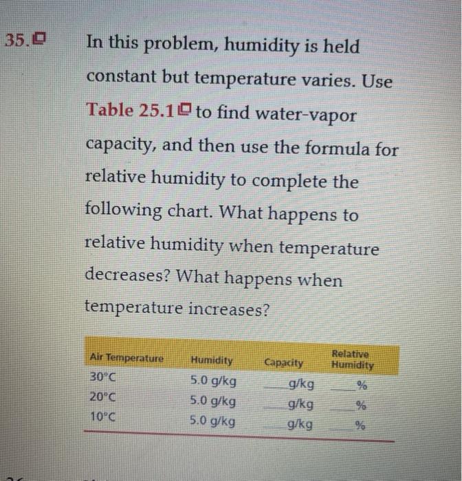 35 0 In This Problem Humidity Is Held Constant But Temperature Varies Use Table 25 10 To Find Water Vapor Capacity An 1