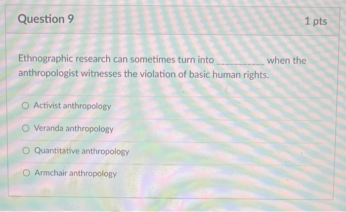 Question 9 1 Pts Ethnographic Research Can Sometimes Turn Into When The Anthropologist Witnesses The Violation Of Basic 1