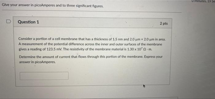 Give Your Answer In Picoamperes And To Three Significant Figures Question 1 2 Pts Consider A Portion Of A Cell Membrane 1