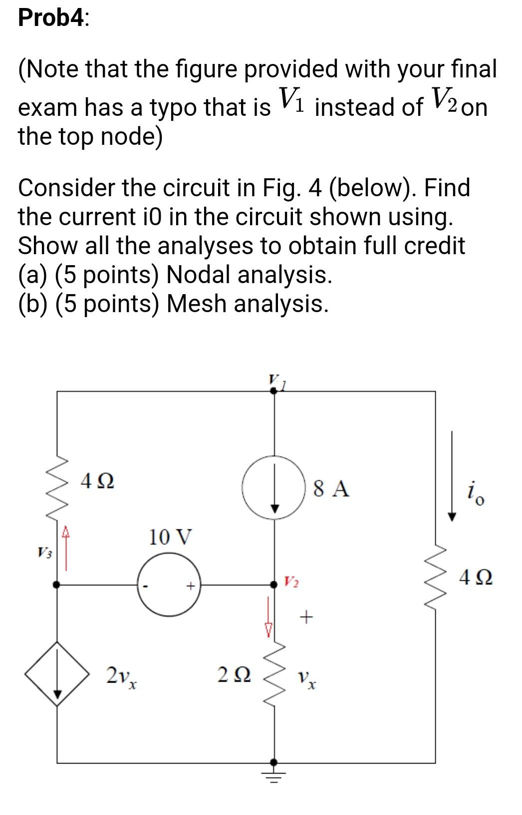 Prob4 Note That The Figure Provided With Your Final Exam Has A Typo That Is V Instead Of V2 On The Top Node Consider 1