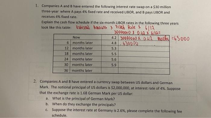 1 Companies A And B Have Entered The Following Interest Rate Swap On A 30 Million Three Year Where A Pays 4 Fixed Rat 1