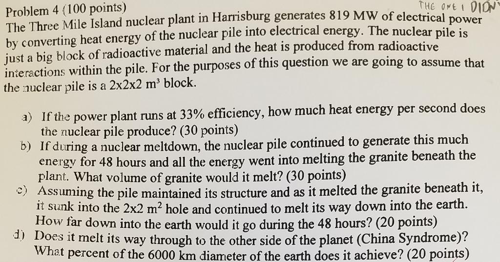 Problem 4 100 Points The One I Didn The Three Mile Island Nuclear Plant In Harrisburg Generates 819 Mw Of Electrical 1