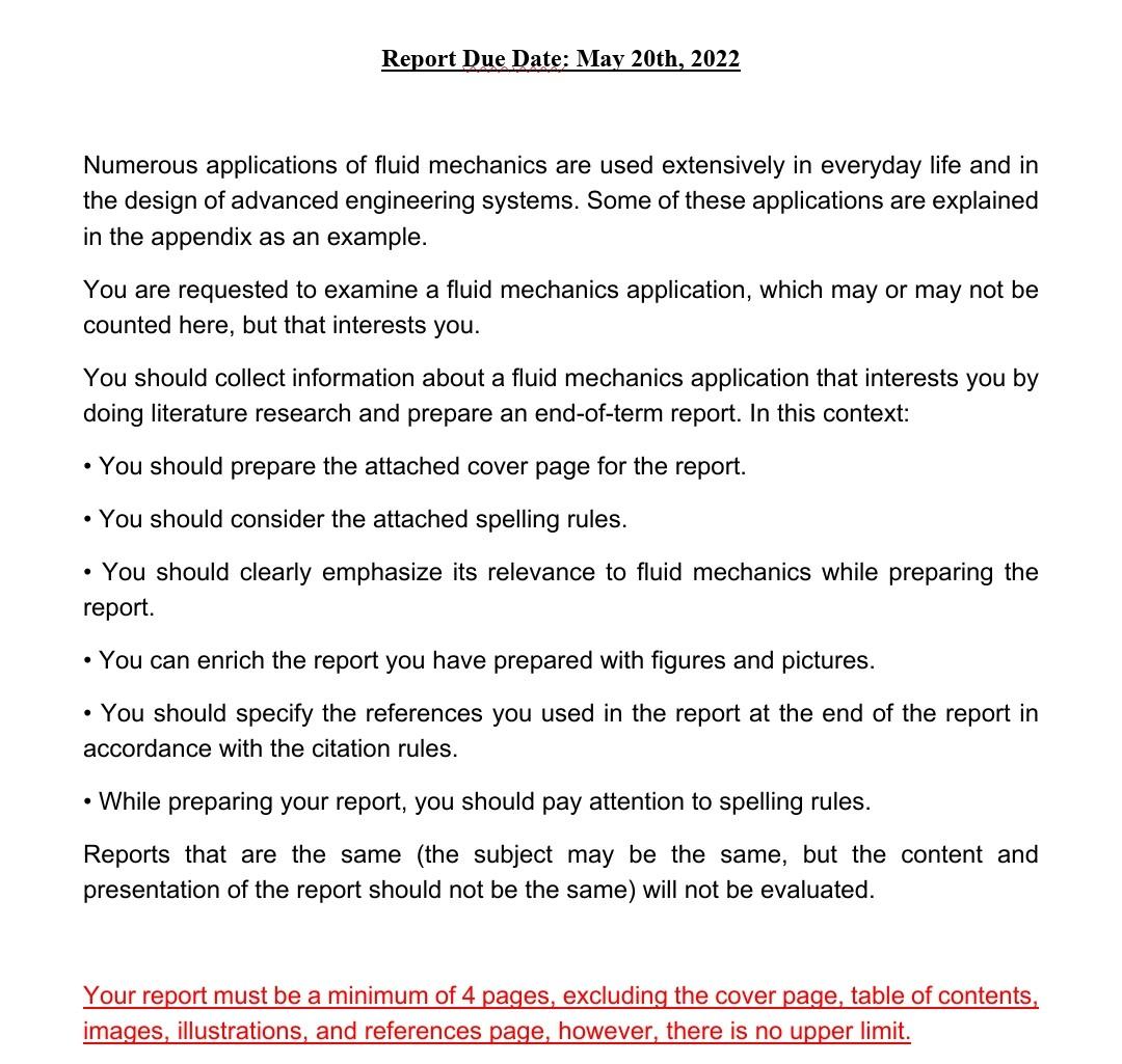 Report Due Date May 20th 2022 Numerous Applications Of Fluid Mechanics Are Used Extensively In Everyday Life And In Th 1