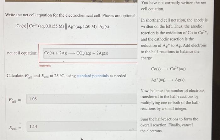 Write The Net Cell Equation For The Electrochemical Cell Phases Are Optional Co S Co Aq 0 0155 M Ag Aq 1 5 1